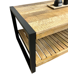 Table basse industrielle en bois de manguier massif et métal avec pieds en fer noir thermolaqué, élégante et pliable pour salon - Product Image 6
