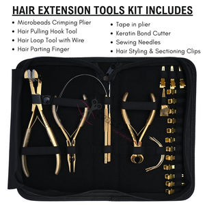 Kit de herramientas todo en uno para extensiones de cabello doradas, con pinzas para extensiones, ganchos, clips de seccionamiento, agujas, herramientas y accesorios. - Product Image 2