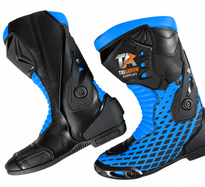 Bottes de moto de course personnalisées en cuir bleu et noir, mi-mollet, à enfiler, imperméables, antidérapantes, avec soutien de la cheville et protection - Product Image 1
