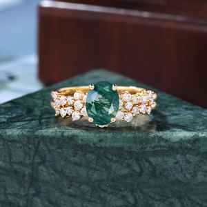 Ensemble de bagues de fiançailles ovales en agate mousse avec grappe de moissanite, style vintage, pour femme, bijoux fins OEM ODM - Product Image 5