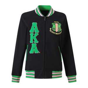 Veste universitaire AKA en molleton noir unisexe avec broderie en chenille verte, style Varsity à lettres grecques, en coton premium, zippée, streetwear - Product Image 1