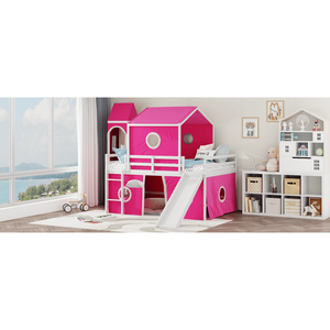 Letto a soppalco rosa a grandezza naturale con scivolo, tenda e torre per bambini, modello precedente LT000771AAH - Product Image 6
