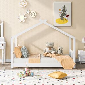 Letto a piattaforma per bambini bianco, singolo, con testiera e pediera, design unico a tetto - Product Image 2