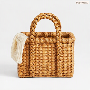 Grand panier rectangulaire Rush Sac à main d'été mignon Sac à bandoulière fourre-tout tissé rond de plage avec poignée - Product Image 1