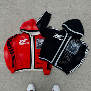 Sweat à capuche zippé triple couche personnalisé style streetwear, délavé à l'acide, vintage, coupe ample et carrée, effet usé, avec strass - Product Image 1