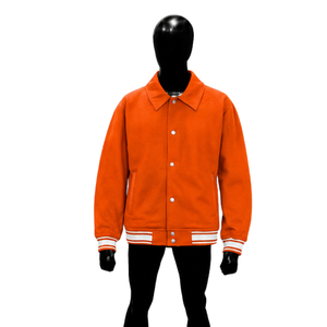 Chaqueta universitaria de lana naranja para hombre y mujer, al por mayor, de primera calidad, estilo Letterman, con cierre frontal de botones a presión. - Product Image 1