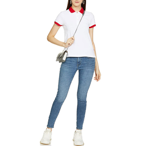 Polo pour femme en coton 100% - Couleur unie blanche - Manches courtes - Col et poignets rouges - Style décontracté - Product Image 4