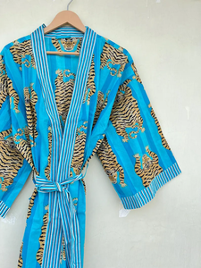 Bata Kimono de Algodón 100% Tejido con Estampado de Dibujos Animados para Mujer, Camisón de Verano Hecho a Mano, Cuello en V, Cintura Elástica, Largo Completo, Suave - Product Image 4