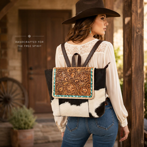 Western Cowhide Leather Shoulder Bag Hair On Hide Hand <b>Tooled</b> Floral <b>Backpack</b> Boho Travel Rucksack Handmade Laptop Bag Women - Product Image 3