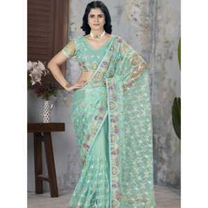 Sari de Diseñador para Fiestas con Bordado de Cadena y Hilo Metálico, Ropa India y Pakistaní - Product Image 4