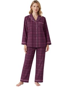 Ensemble de pyjama pour femme en coton doux, à carreaux violets, à manches longues, boutonné, vêtements de nuit, ensemble de vêtements de détente en deux pièces - Product Image 1