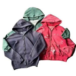 Sweat-shirt à capuche zippé oversize pour homme, effet usé, couleur unie, en coton French Terry, décontracté, pour l'automne, rouge, vert, bleu marine - Product Image 5