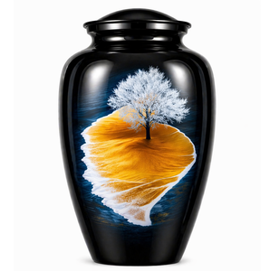 Hermosa urna funeraria de esmalte en blanco y negro para cenizas de adultos, con adhesivo decorativo. - Product Image 5
