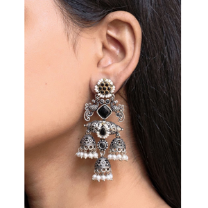 Traditional Indian Oxidized Silver Statement Jhumka <b>Earrings</b> with Black Stone & Pearl <b>Tassels</b> | Ethnic Bohemian Jewelry - Product Image 4