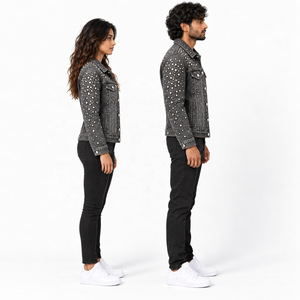 Veste en jean unisexe avec décoration à rivets, col rabattu, coupe classique, style décontracté, saison automne, coupe ajustée, finition délavée - Product Image 5