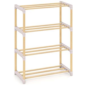 Scarpiera a 4 Ripiani in Legno di Pino Massiccio, Pieghevole e Impilabile, Finitura Laccata, 33 Libbre per Ripiano, Ripiani Ventilati a Doghe, Colore Naturale+Grigio - Product Image 2