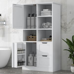 Mobiletto da Bagno Indipendente con Ripiano Aperto e Ripiani Regolabili, Ampio Spazio di Archiviazione, Porte e Cassetti - Product Image 4