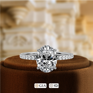 Anillo de compromiso ovalado de 1 quilate, anillo de aniversario certificado por IGI, anillo nupcial de oro blanco de 14 quilates con halo oculto, anillo de regalo de boda con engaste pavé - Product Image 5