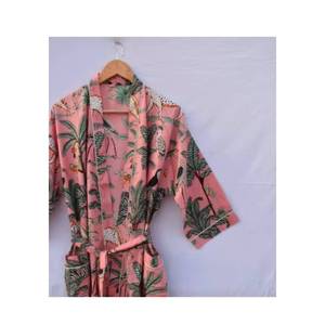 Peignoir en tissu 100% coton imprimé bloc à la main avec cordon de serrage Peignoirs de bain toutes saisons - Product Image 1