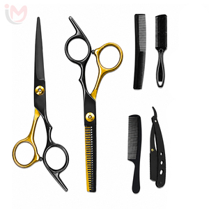 Kit d'outils de coiffure professionnel de haute qualité : Ciseaux de barbier dorés, ciseaux à effiler, rasoir droit, peigne – OEM - Product Image 2