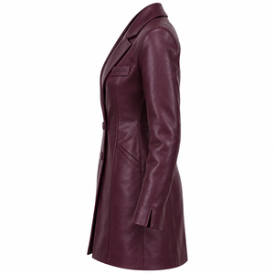Longline Plum Leather Blazer <b>Coat</b> <b>Womens</b> Notch Lapel Double Button Slanted Pocket Outerwear Custom Made Service Provider - Product Image 4