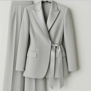 Costume de tailleur vert émeraude pour femme, pantalon long, blazer, ceinture à nœud, col cranté, manches longues, couleur unie, anti-plis, taille XL - Product Image 2