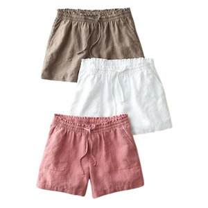 Shorts en lin pur taille haute avec taille élastique et volants, coupe ample, décontractés, pour l'été, pour femmes - Product Image 4