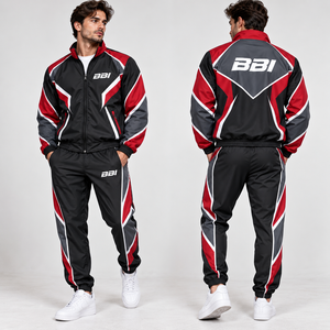 Conjunto deportivo personalizado para hombre en negro, marrón, dorado y blanco, con paneles geométricos, chaqueta cortavientos con cuello tipo túnel y pantalones deportivos con puños a juego. - Product Image 6