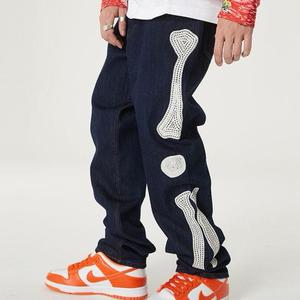 Jean en denim ample pour homme avec applique en os, style streetwear, taille mi-haute, en coton délavé, pour l'automne - Product Image 1