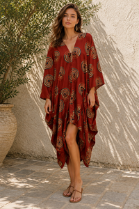 Abstract Print Boho Kaftan <b>Dress</b> Red Cotton Blend <b>Tunic</b> Batwing Lounge Cover Up - Product Image 2