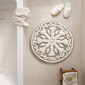 Tapis de bain rond en coton à motif médaillon, avec dos antidérapant en caoutchouc, style bohème, épais et touffeté, blanc et gris, pour la maison et la salle de bain - Product Image 5