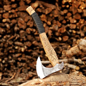 Hacha Vikinga Industrial de Acero al Carbono Forjada a Mano, Mango Tallado a Mano OEM Personalizado, Hacha con Barba, Funda de Cuero, para Camping y Bushcraft - Product Image 6
