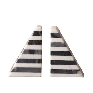 Porte-livres sculptural Art Déco en marbre rayé noir et blanc de luxe, support de livres en pierre naturelle, organisateur d'étagère décoratif pour la maison et le bureau - Product Image 2