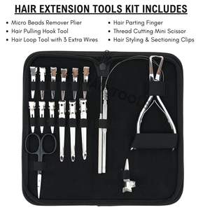 Kit d'outils pour extensions capillaires noir avec micro-perles, pince à sertir plate, outil à crochet, boucle de traction, pinces à cheveux pour séparation et sectionnement - Product Image 2
