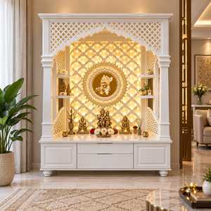 <b>Pooja</b> <b>Mandir</b> <b>Home</b> Temple 5 Feet Wide 7 Feet Tall Designer Wooden Hindu Prayer Unit with LED Backlit Panel Intricate Jaali Work - Product Image 3