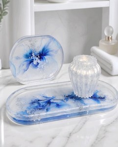Handmade Resin <b>Vanity</b> <b>Tray</b> Set with Jar | Frosted Blue Floral Decor Organizer - Product Image 2