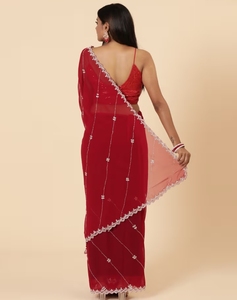 Sari Tradicional de Rayón Color Granate para Mujer, Marca KV, Diseño Evara para Fiestas, con Blusa Sin Coser - Product Image 2