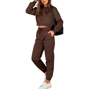 Conjunto Deportivo Informal Marrón para Mujer, Manga Larga, Cuello Redondo, Color Sólido, Pantalones con Cordón, Corte Holgado, Ropa de Otoño - Product Image 1
