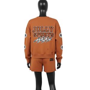 Ensemble sweat-shirt et short pour femme en coton polyester GSM épais, orange brûlé, avec logo brodé - Product Image 2