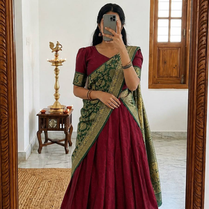 Lichi Silk Jacquard Zari Border <strong>Ready</strong> <strong>to</strong> <strong>Wear</strong> <strong>Lehenga</strong> Choli With Banarasi Dupatta Full Stitched Half <strong>Saree</strong> By Royal Export - Product Image 3