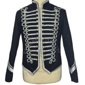 Uniform High Quality Men's Black Wool Hussar <b>Jacket</b> With <b>Silver</b> Embroidery And Turn New Napoleonic Hussar Uniform Style - Product Image 1
