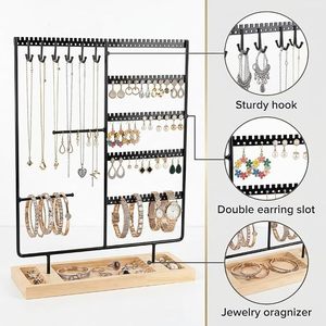 Organizador de Joyas con Soporte de Madera, Expositor Multicapa para Pendientes y Collares con Ganchos, Bandeja de Almacenamiento para Anillos y Relojes - Product Image 3
