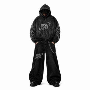 Conjunto de Sudadera con Capucha y Cremallera Delantera con Lavado Ácido y Pedrería, y Pantalones de Pierna Ancha, con Gráfico de Llama de Cristal, Lavado Vintage, Estilo Urbano Ecológico - Product Image 1