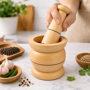 Handcrafted Wooden Mortar and Pestle Set Imam Dasta Okhli Musal Kharal Khalbatta Spice Garlic <b>Grinder</b> Crusher - Product Image 3