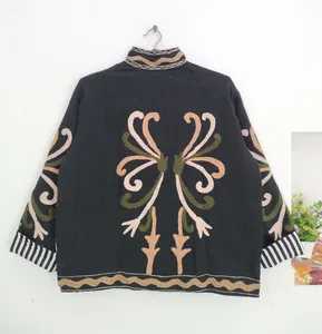 Chaqueta Boho Suzani Negra Hecha a Mano con Bordado Floral Colorido, Abrigo de Manga Larga para Mujer, Otoño-Invierno - Product Image 3
