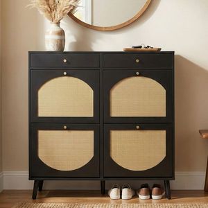 Scarpiera Nera in Rattan 105x24x110cm con 2 Cassetti e 4 Sportelli a Ribalta, Realizzata in Truciolato - Product Image 5