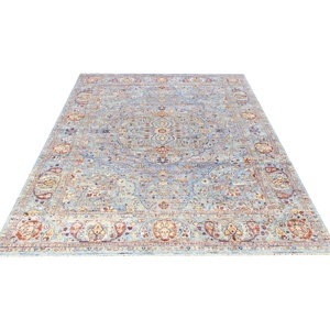 Alfombra Tejida a Mano de Lana Vintage con Bordado Ecológico Lavable, Motivo de Medallón Azul Cielo Tradicional para Decoración de Sala de Estar - Product Image 3