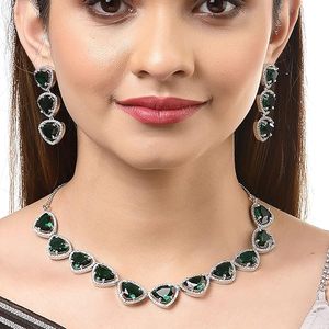 <b>Silver</b> Plated Alloy <b>Necklace</b> <b>and</b> <b>Earring</b> <b>Set</b> with Green Trillion Cut Crystal Rhinestones for Women Party Classic Jewelry - Product Image 3