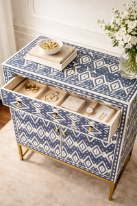Aparador de Madera Maciza con Incrustaciones de Hueso Hecho a Mano, Gabinete con Cajones, Consola de Almacenamiento, Armario Decorativo con Patrón Azul y Blanco para Sala de Estar - Product Image 4