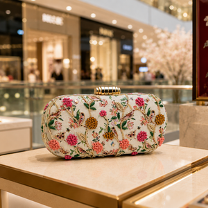 Printed Floral Embroidered Clutch Bag for Women Party Purse Bridal Wedding Handbag with Unique <b>Frame</b> Design and Sling Chain - Product Image 3